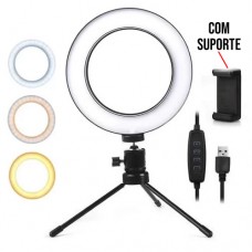 Iluminador Selfie Ring Light 6 Pol LED Controle Cor e Intensidade c/ Suporte Celular e Tripé 15cm